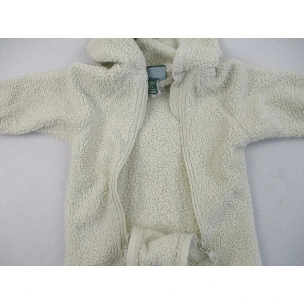 LL Bean Fleece Bunting Unisex 3-6M Cream Hi-Pile Sherpa Bear Ear Hood 244704